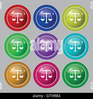 Scales of Justice icon sign. symbol on nine round colourful buttons. Vector Stock Vector