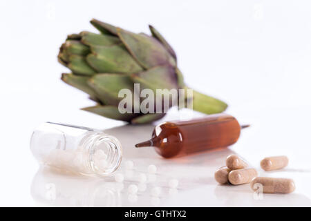 Artichoke leaf extract capsules. and Dietary supplements Stock Photo