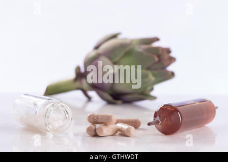 Artichoke leaf extract capsules. and Dietary supplements Stock Photo
