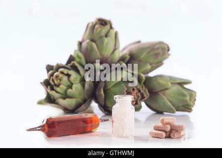 Artichoke leaf extract capsules. and Dietary supplements Stock Photo
