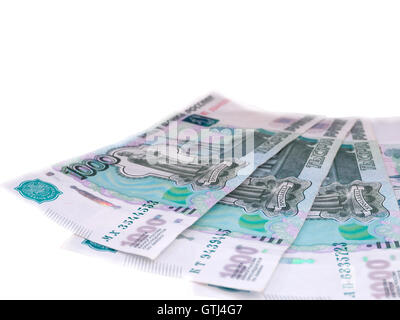 High inflated russian one thousand roubles banknotes isolated on white Stock Photo