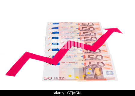 Concept of increase of euro value with red arrow growing over notes in ...