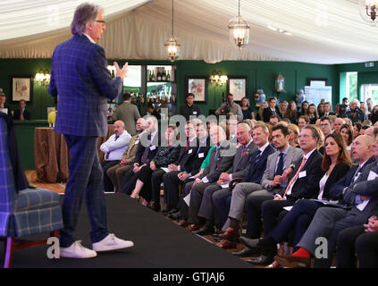 Designer Sir Paul Smith speaks at a wool conference at Dumfries House in Ayrshire, watched by (centre front row from left) President of Conde Nast International Nicholas Coleridge, the Prince of Wales, also known as the Duke of Rothesay, M&S CEO Steve Rowe and model David Gandy. Stock Photo