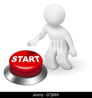 3d man is pushing the start button isolated white background Stock Vector