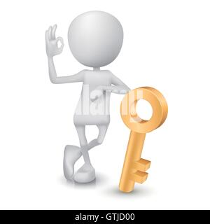 3d man showing okay hand sign with a golden key Stock Vector
