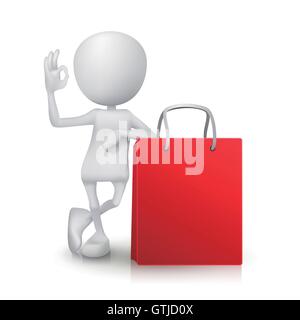 3d man showing okay hand sign with the shopping bag Stock Vector