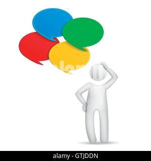 3d man thinking with four speech bubbles isolated white background Stock Vector