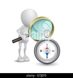 3d person watching a compass with a magnifying glass Stock Vector