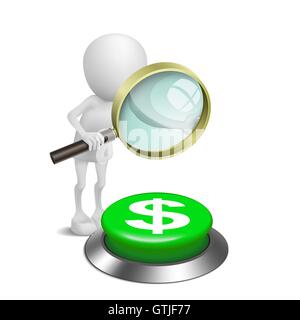 3d person watching the dollars symbol button with a magnifying glass Stock Vector