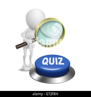 3d person watching the quiz button with a magnifying glass Stock Vector