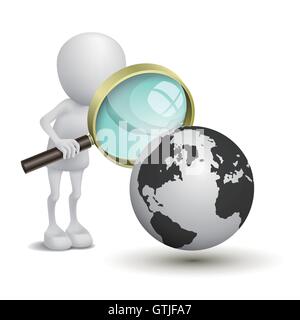 3d person with magnifying glass looking at Earth Stock Vector