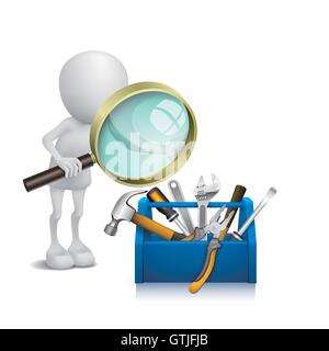 3d man watching the tools in the toolbox with a magnifying glass Stock Vector