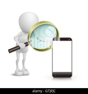 3d person watching a mobile phone with a magnifying glass Stock Vector