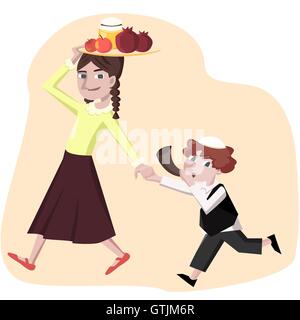 Jewish new year greetings, boy with shofar and girl with symbols - cartoon vector illustration Stock Vector