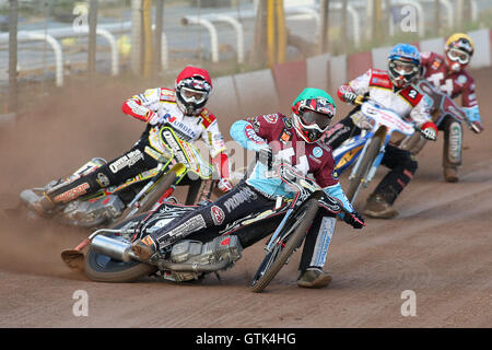 Heat 1: Leigh Adams (red), Simon Stead (blue), Adam Shields (green), Joonas Kylmakorpi - Swindon Robins vs Lakeside Hammers - Sky Sports Elite League Speedway at Abbey Stadium - 28/05/09 Stock Photo