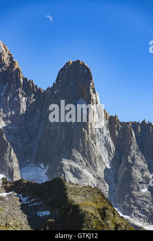 Aiguille du Dru, Chamonix Mont Blanc and crescent moon Stock Photo