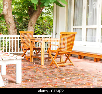 Log cabin deck with two wooden chairs facing the lake by 