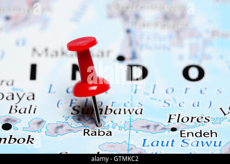 Raba pinned on a map of Indonesia Stock Photo
