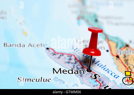 Medan pinned on a map of Indonesia Stock Photo