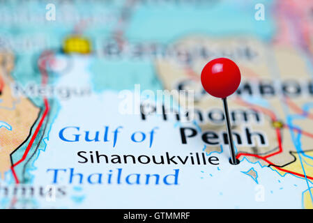 Sihanoukville pinned on a map of Cambodia Stock Photo