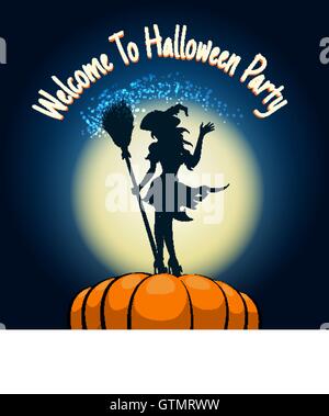 Halloween Party Invitation Poster. Witch with broom in her hands on a huge pumpkin. Vector illustration. Stock Vector