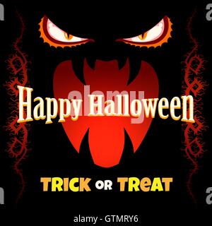 Happy Halloween Poster or Invitation Card. Monster Eyes and Scary Open Mouth with lettering Trick or treat. Vector Illustration. Stock Vector