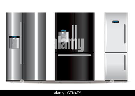 Three vector fridges in different colors on white background Stock Vector