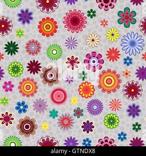 Bright colourful decorative stylized flowers on the greyish background as a fabric texture, seamless vector pattern Stock Vector