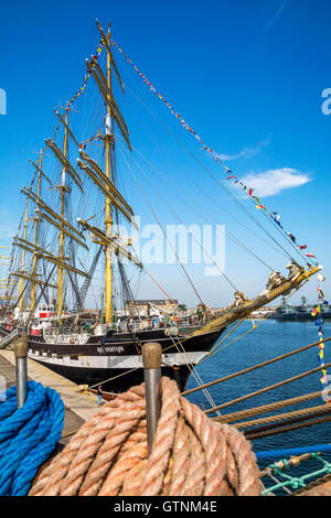 Sailing vessel from six countries at Black Sea Tall Ships Regatta 2016 in Constanta harbor. Kruzenshtern from Russian Federation Stock Photo