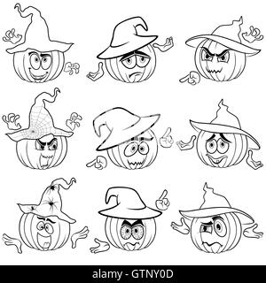 Set of nine Halloween pumpkins in hats that gesticulate with hands isolated on the white background, cartoon vector outlines Stock Vector