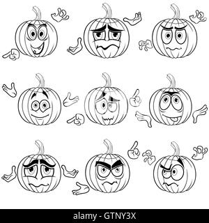 Set of nine amusing Halloween pumpkins that gesticulate with hands isolated on the white background, cartoon vector outlines Stock Vector