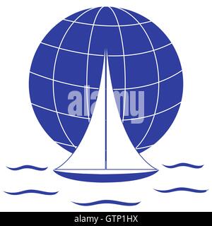 Stylized icon of a colored yacht, sailing over the waves on a globe on a white background Stock Vector