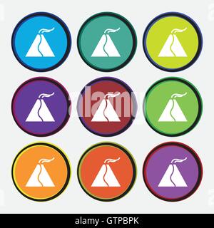 active erupting volcano icon sign. Nine multi colored round buttons. Vector Stock Vector