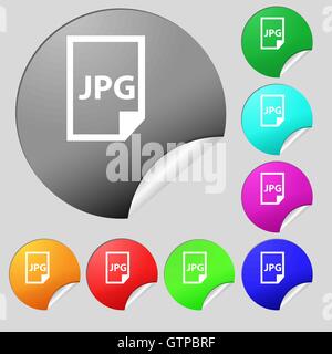 Jpg file icon sign. Set of eight multi colored round buttons, stickers. Vector Stock Vector