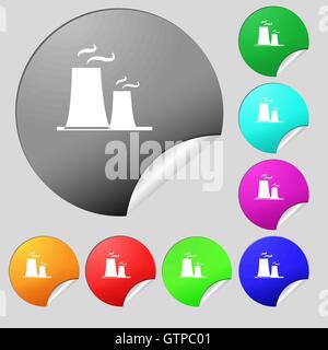 atomic power station icon sign. Set of eight multi colored round buttons, stickers. Vector Stock Vector
