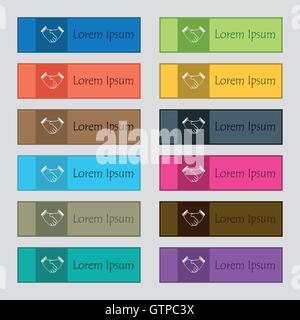 Handshake icon sign. Set of twelve rectangular, colorful, beautiful, high-quality buttons for the site. Vector Stock Vector
