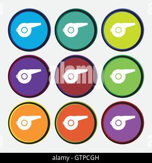 whistle icon sign. Nine multi colored round buttons. Vector Stock Vector
