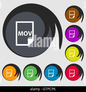 mov file format icon sign. Symbols on eight colored buttons. Vector Stock Vector