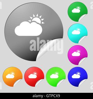 Partly Cloudy icon sign. Set of eight multi colored round buttons, stickers. Vector Stock Vector