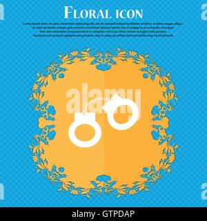 handcuffs icon icon. Floral flat design on a blue abstract background with place for your text. Vector Stock Vector