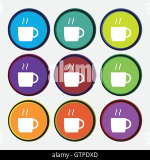 coffee icon sign. Nine multi colored round buttons. Vector Stock Vector