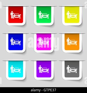 person up hailing a taxi icon sign. Set of multicolored modern labels for your design. Vector Stock Vector