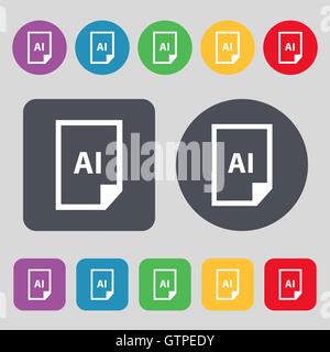 file AI icon sign. A set of 12 colored buttons. Flat design. Vector Stock Vector
