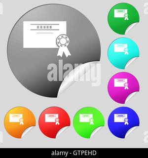 certificate icon sign. Set of eight multi colored round buttons, stickers. Vector Stock Vector