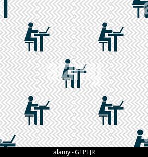 Businessman working on computer icon sign. Seamless pattern with geometric texture. Vector Stock Vector