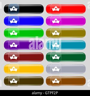 black pirate hat with skull and crossbones icon sign. Set from fourteen multi-colored glass buttons with place for text. Vector Stock Vector