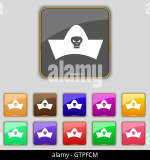 black pirate hat with skull and crossbones icon sign. Set with eleven colored buttons for your site. Vector Stock Vector