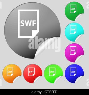 SWF File icon sign. Set of eight multi colored round buttons, stickers. Vector Stock Vector