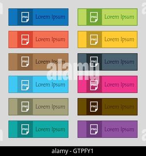 PNG Icon sign. Set of twelve rectangular, colorful, beautiful, high-quality buttons for the site. Vector Stock Vector