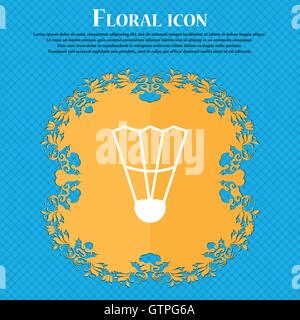 Shuttlecock icon icon. Floral flat design on a blue abstract background with place for your text. Vector Stock Vector